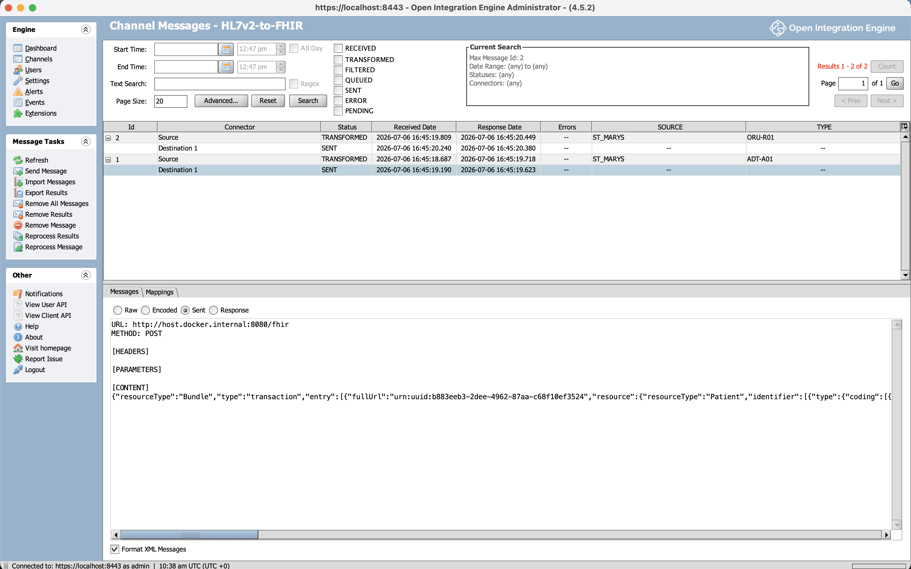OIE message browser showing the outbound FHIR bundle