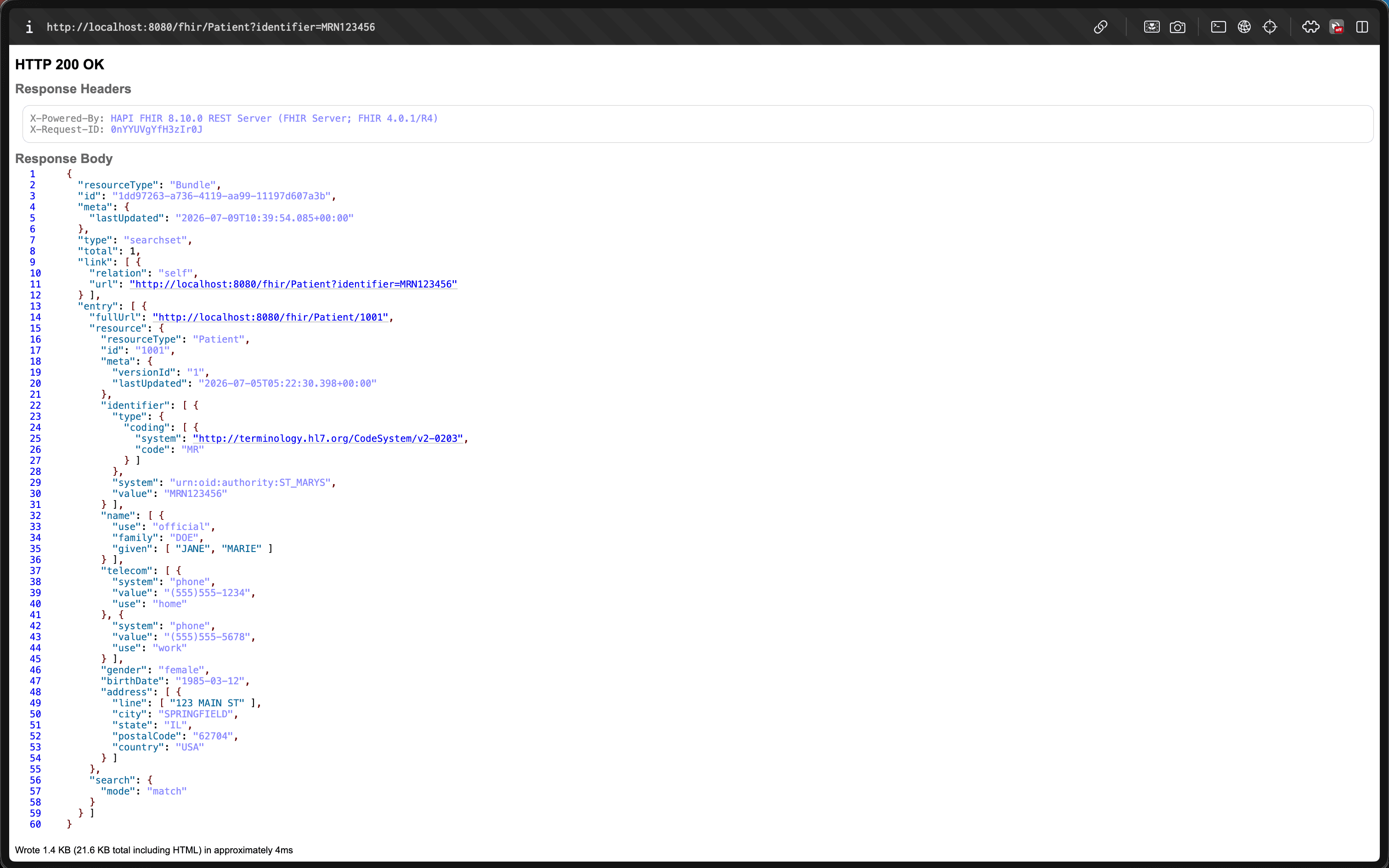 HAPI FHIR web UI showing the created Patient resource