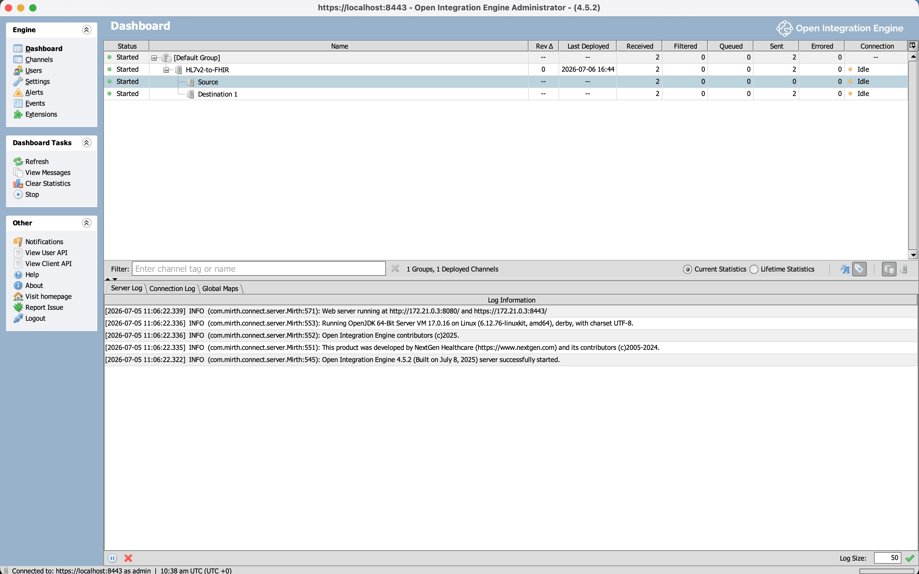 OIE dashboard showing the deployed channel with message counts