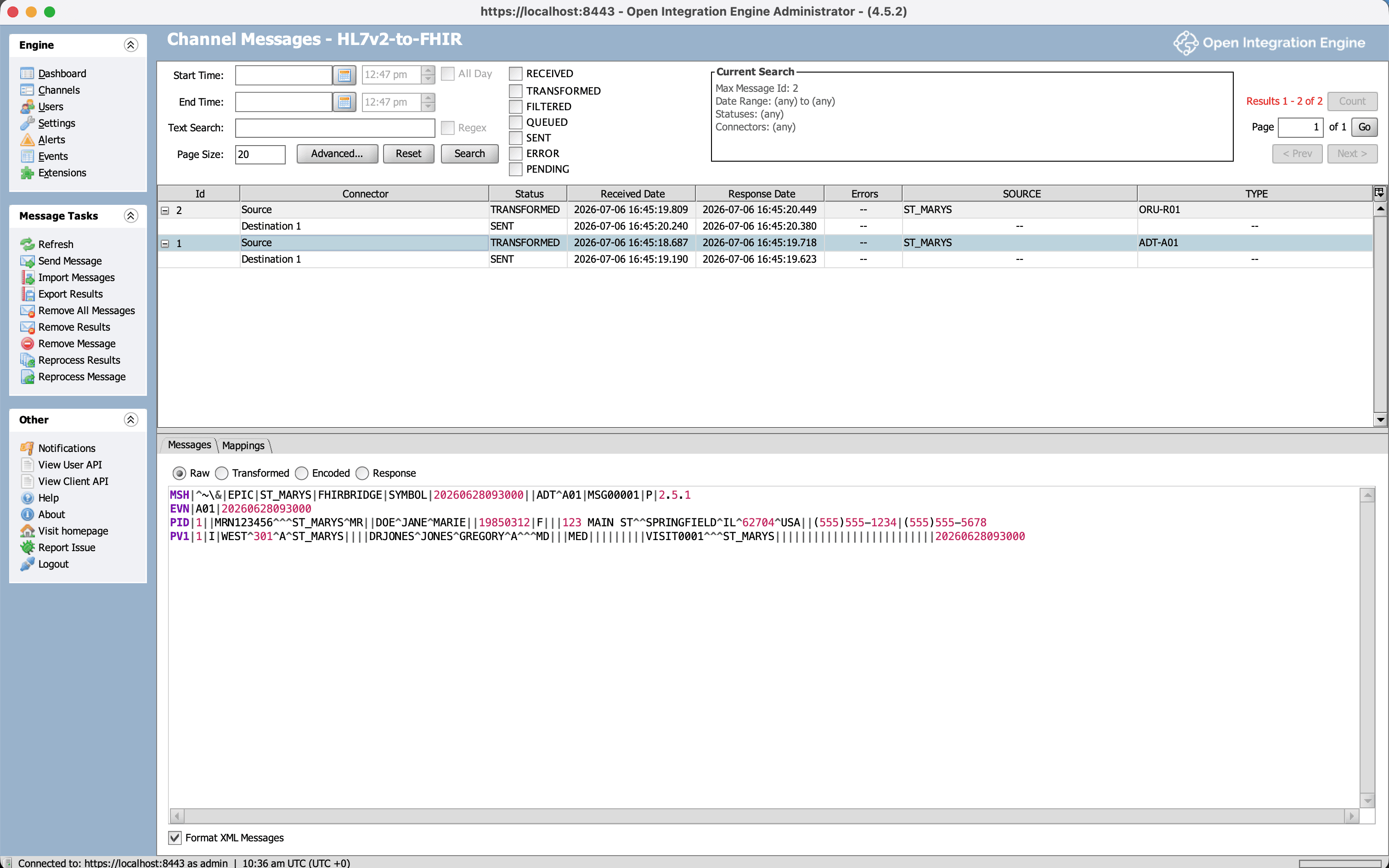 OIE message browser showing the raw inbound HL7 v2 message
