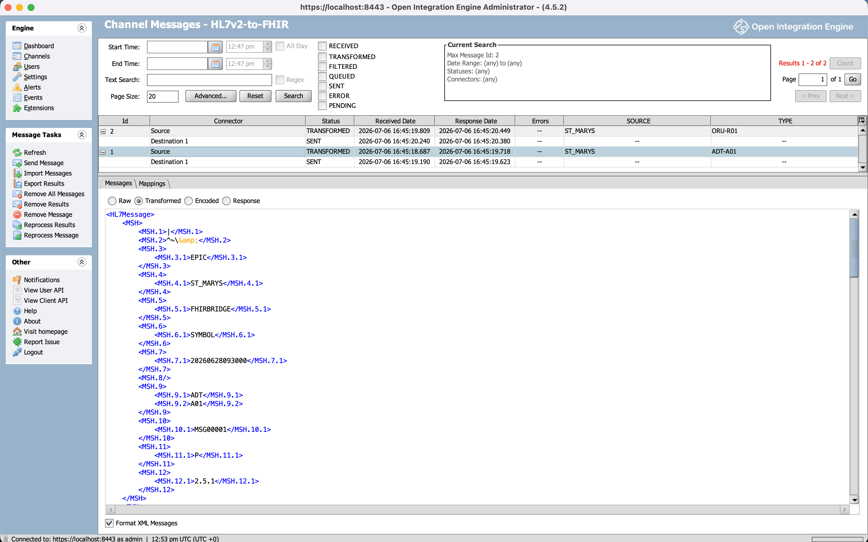 OIE message browser showing the HL7 v2 message parsed into an XML tree